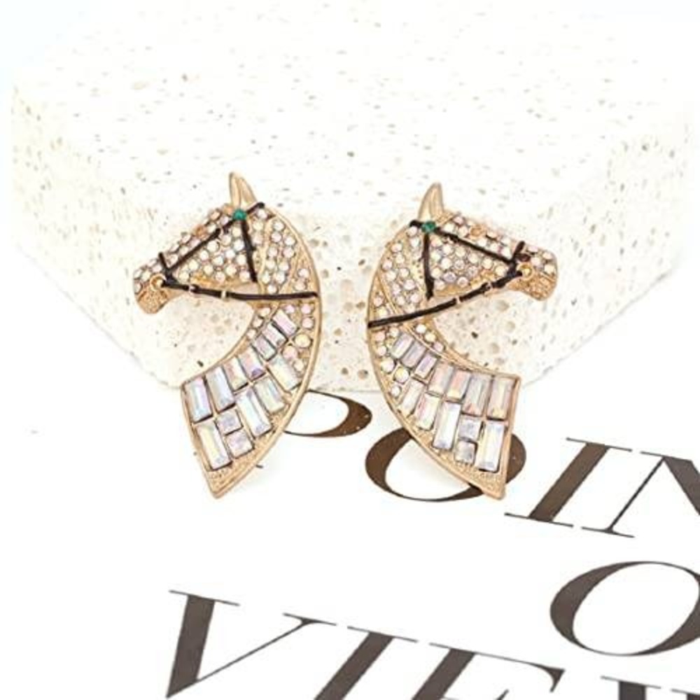 Gold Horse Head Rhinestone Stud Earrings Iridescent Baguette Crystal Equestrian